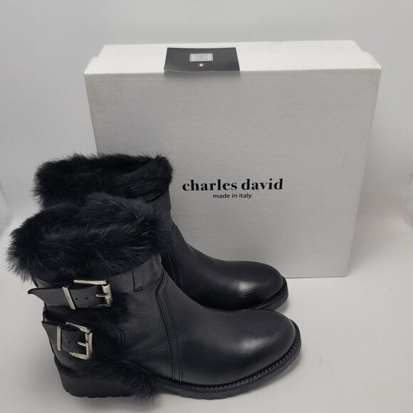 Charles David Reno Black Leather Faux Fur Buckle Side Zip Mid Ankle Boots Sz 38 - Picture 2 of 14